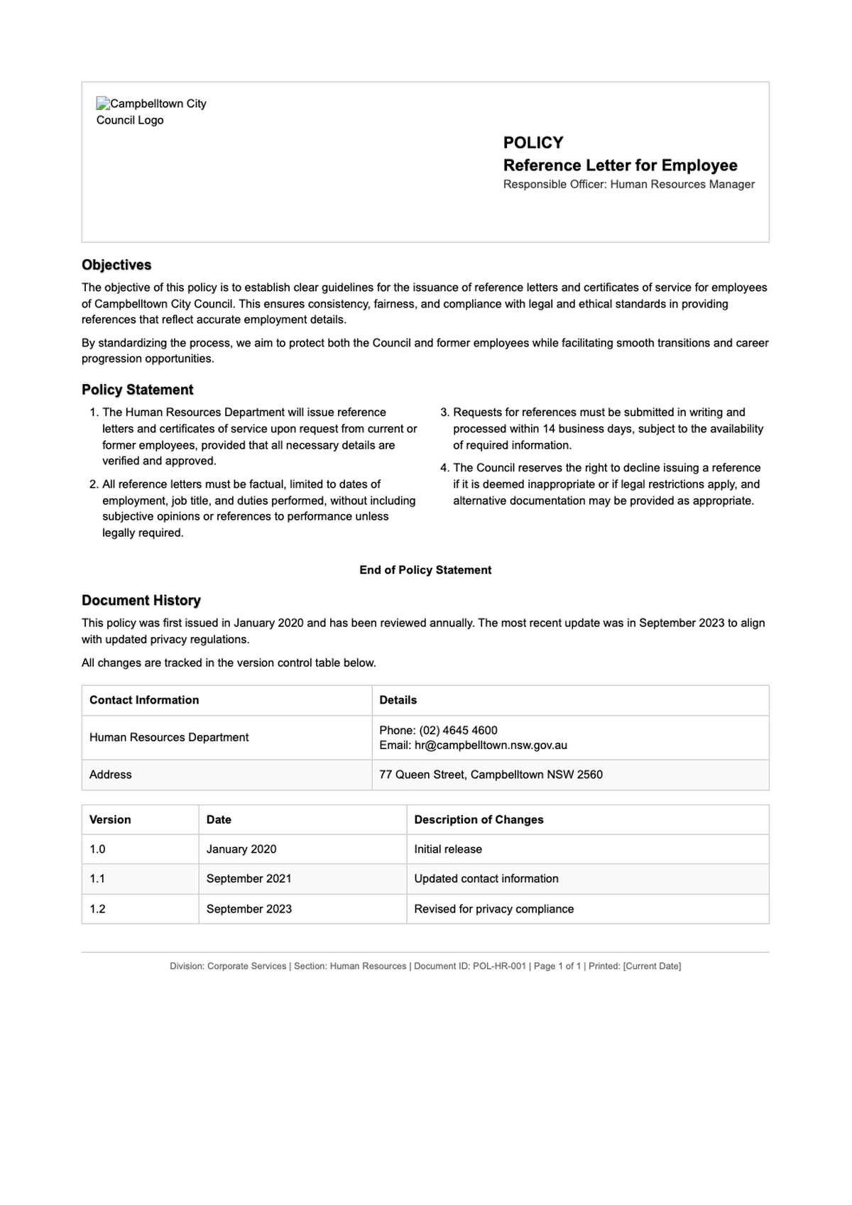 Campbelltown City Council Policy on References Letters and Certificates of Service_variant_1